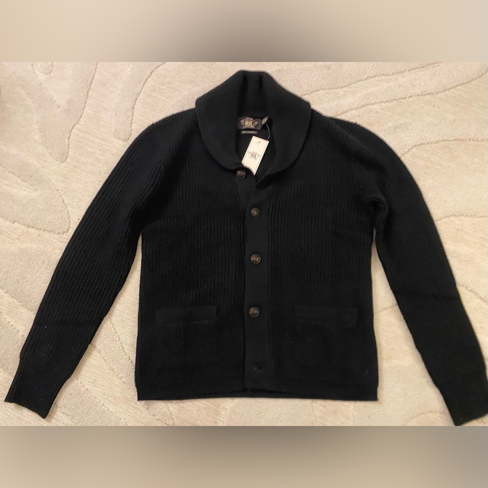 Double RL RRL NWT Mens black cashmere shawl collar cardigan men’s size Small